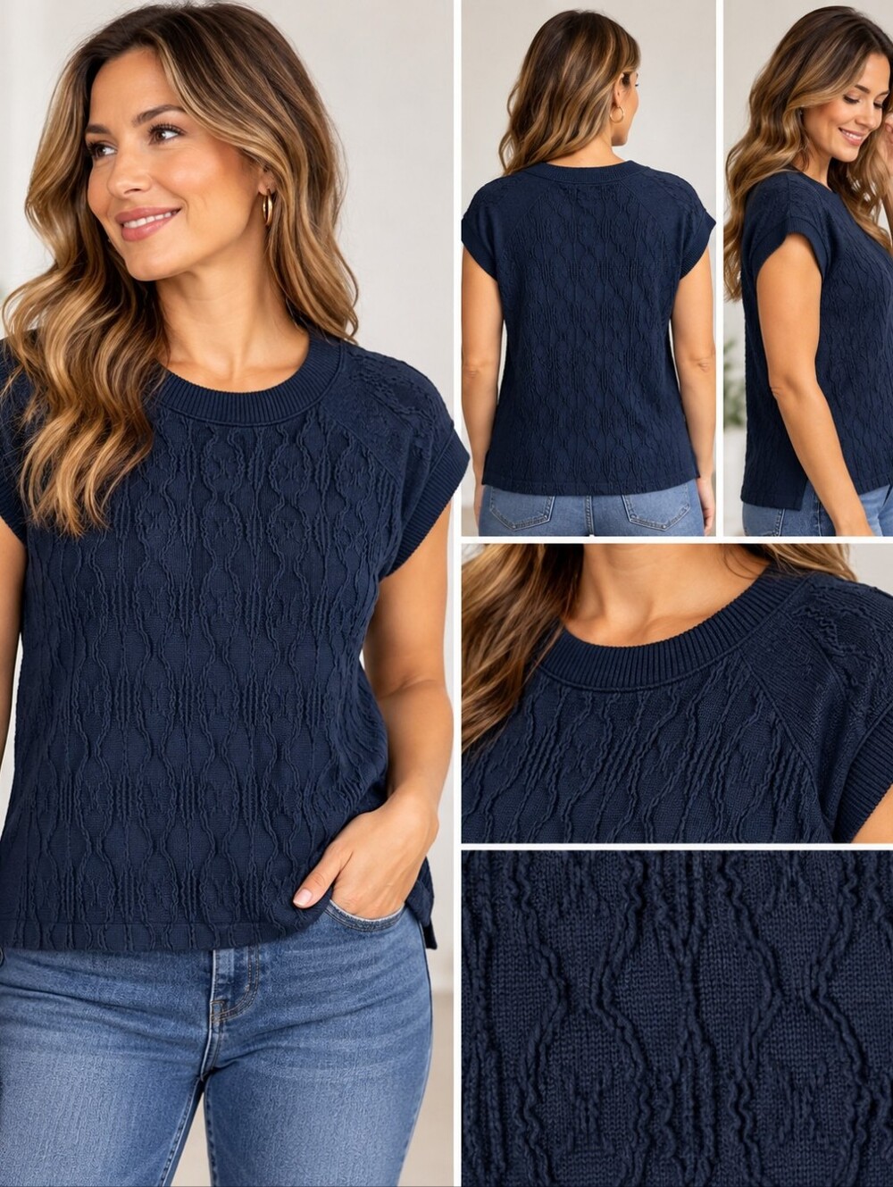 Democracy XL Navy Blue Textured Knit Crew Neck Short Sleeve Sweater Top NWT